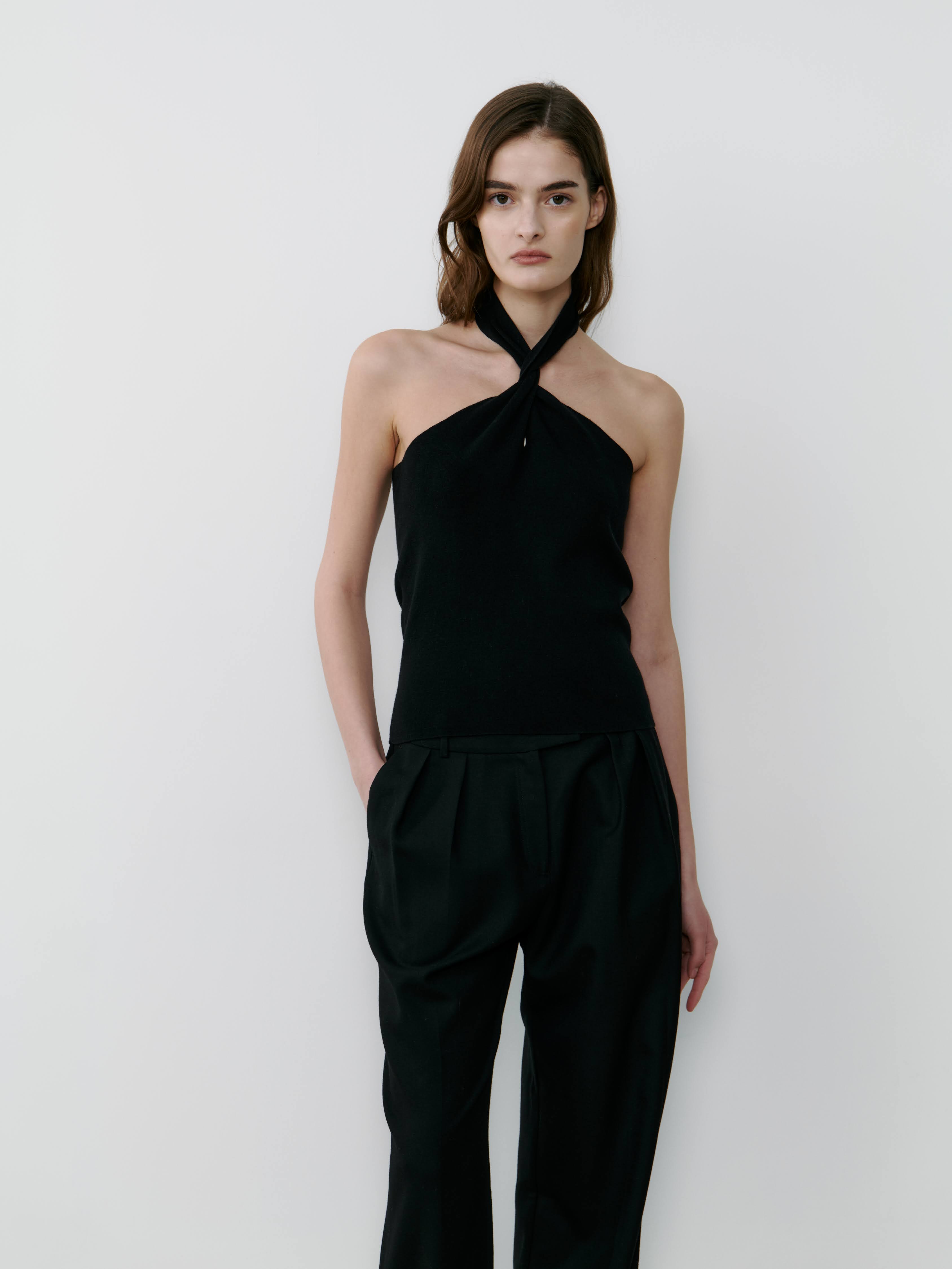 The Silk Halter Twist Top - Black L, image size:3375x4500
