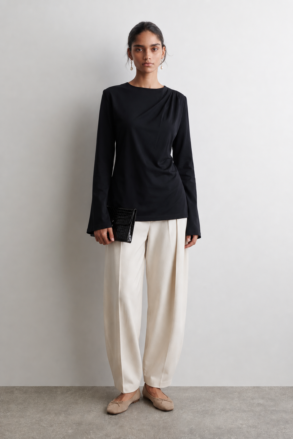 dydoshop Note draped top 長袖 THE LONG SLEEVE DRAPED TOP- BLACK – THE CURATED