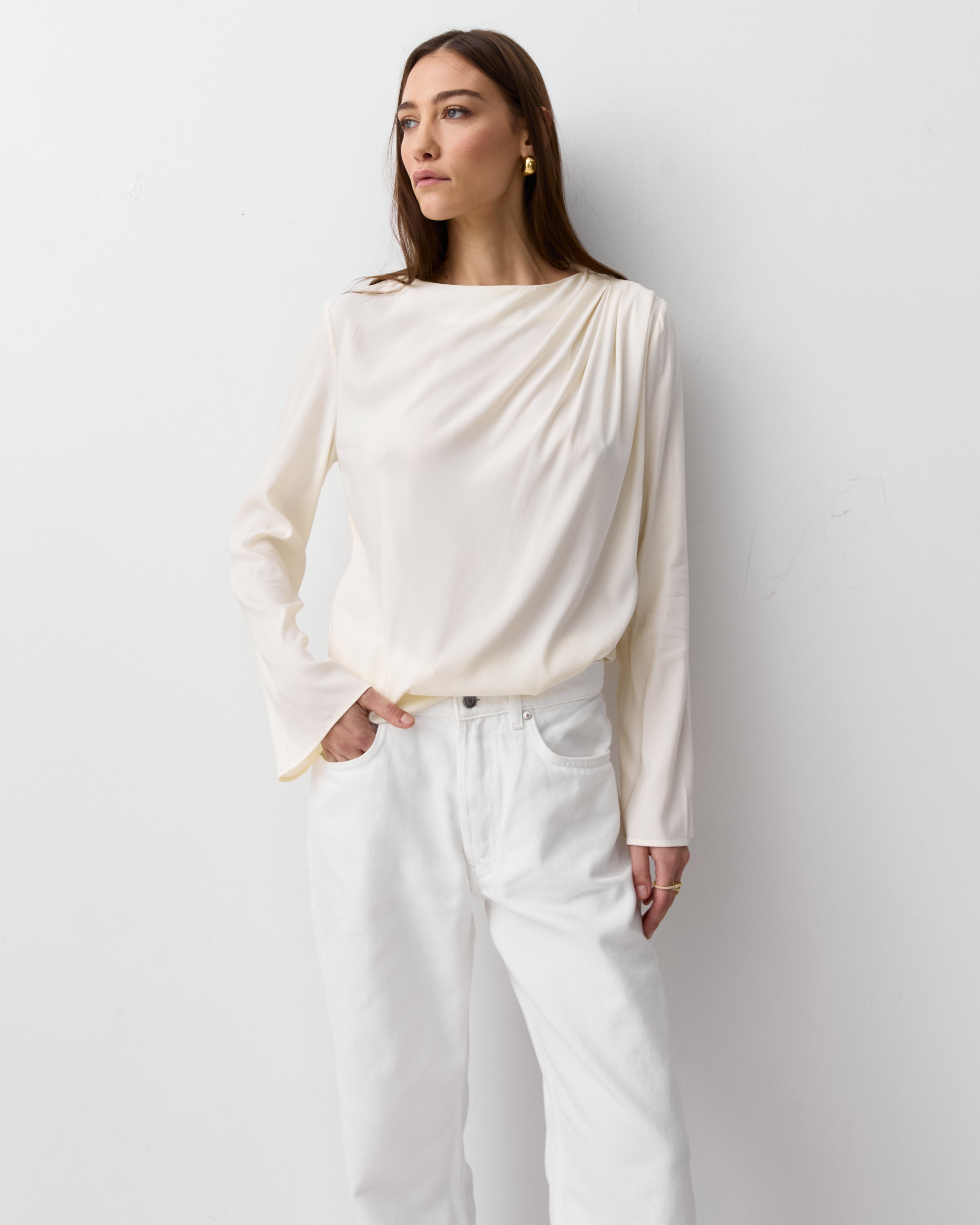 THE LONG SLEEVE DRAPED TOP- IVORY – THE CURATED
