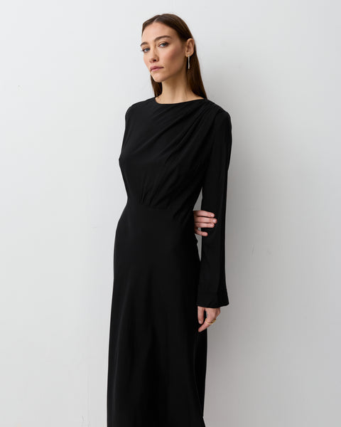 The Long Sleeve Draped Dress- Black M